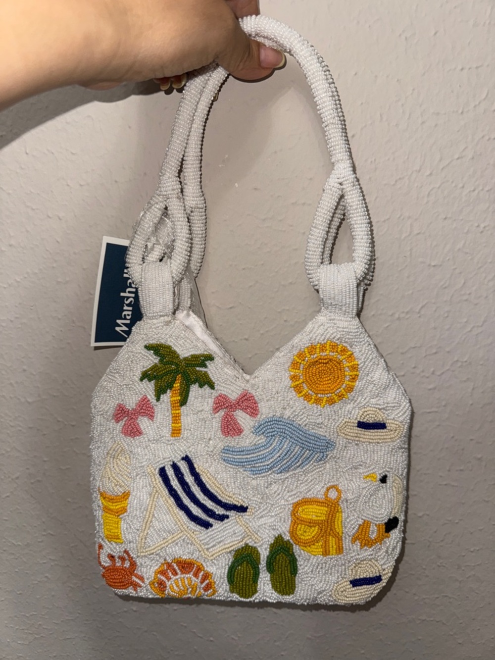 White Beaded Beach Motif Tote Bag